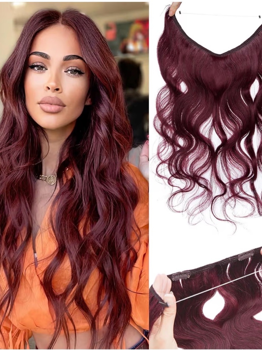 Premium fiber Wavy Burgundy invisible wire Extensions - Rich Wine Red 14”